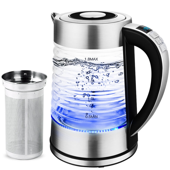 1.8L Electric Glass Boiler Tea Kettle with LED, 1500W Fast Boiling, Auto Shut Off, Boil-Dry Protection