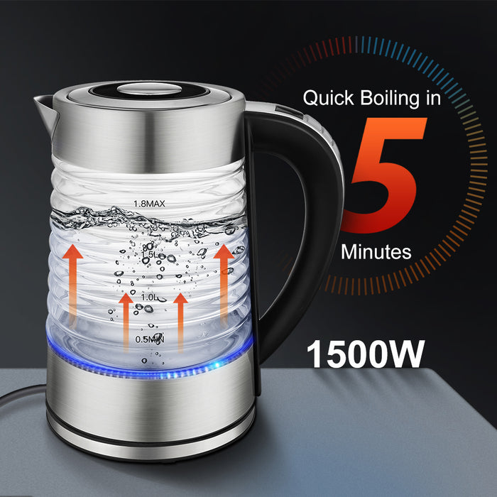 1.8L Electric Glass Boiler Tea Kettle with LED, 1500W Fast Boiling, Auto Shut Off, Boil-Dry Protection