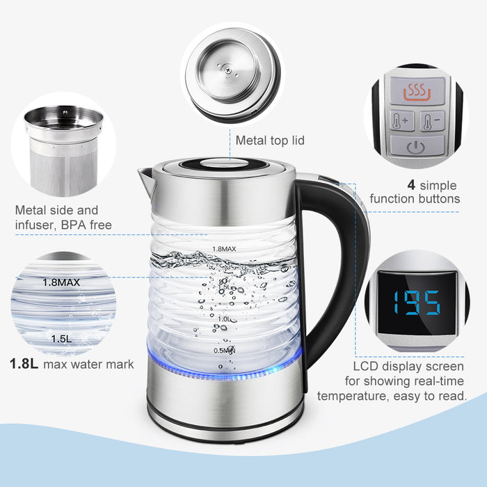 1.8L Electric Glass Boiler Tea Kettle with LED, 1500W Fast Boiling, Auto Shut Off, Boil-Dry Protection