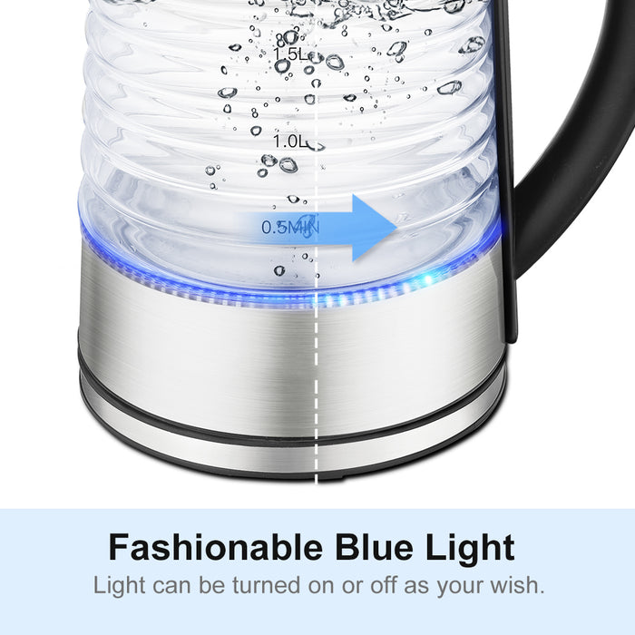 1.8L Electric Glass Boiler Tea Kettle with LED, 1500W Fast Boiling, Auto Shut Off, Boil-Dry Protection