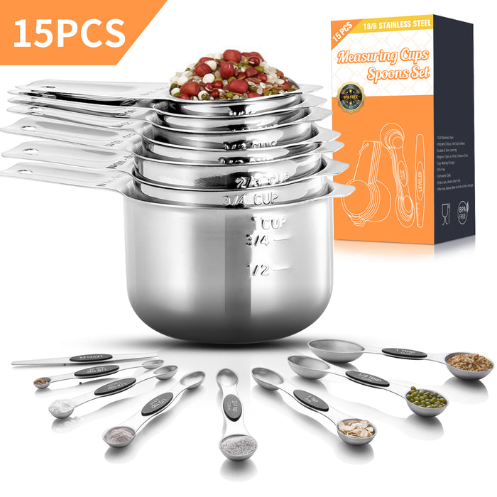 Measuring Cups and Spoons Set of 15, 7 Measuring Cups, 7 Double-sided Measuring Spoons, 1 Leveler