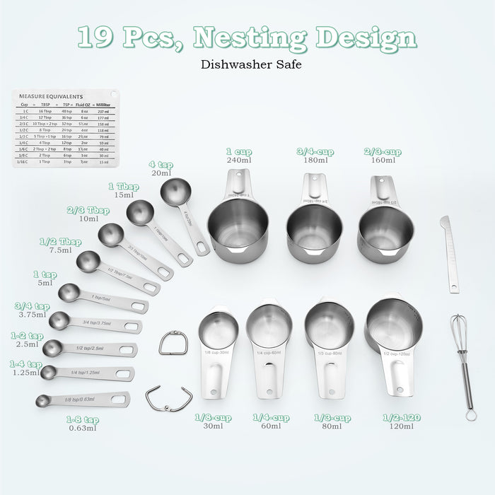 Measuring Cups and Spoons 19 Set, 5 Measuring Spoon, Leveler, Conversion Chart