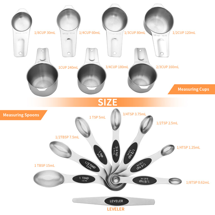 Measuring Cups and Spoons Set of 15, 7 Measuring Cups, 7 Double-sided Measuring Spoons, 1 Leveler